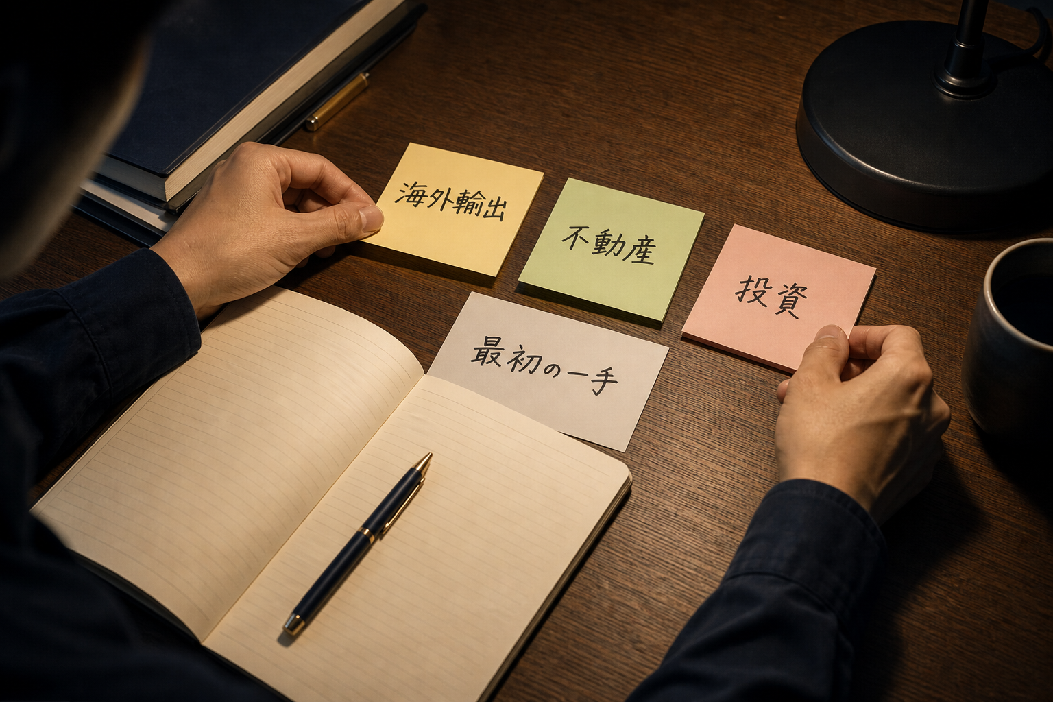 アイキャッチ: 深夜のデスクで「海外輸出」「不動産」「投資」と書いた付箋を並べ、どれから着手するか迷っている30代会社員の手元