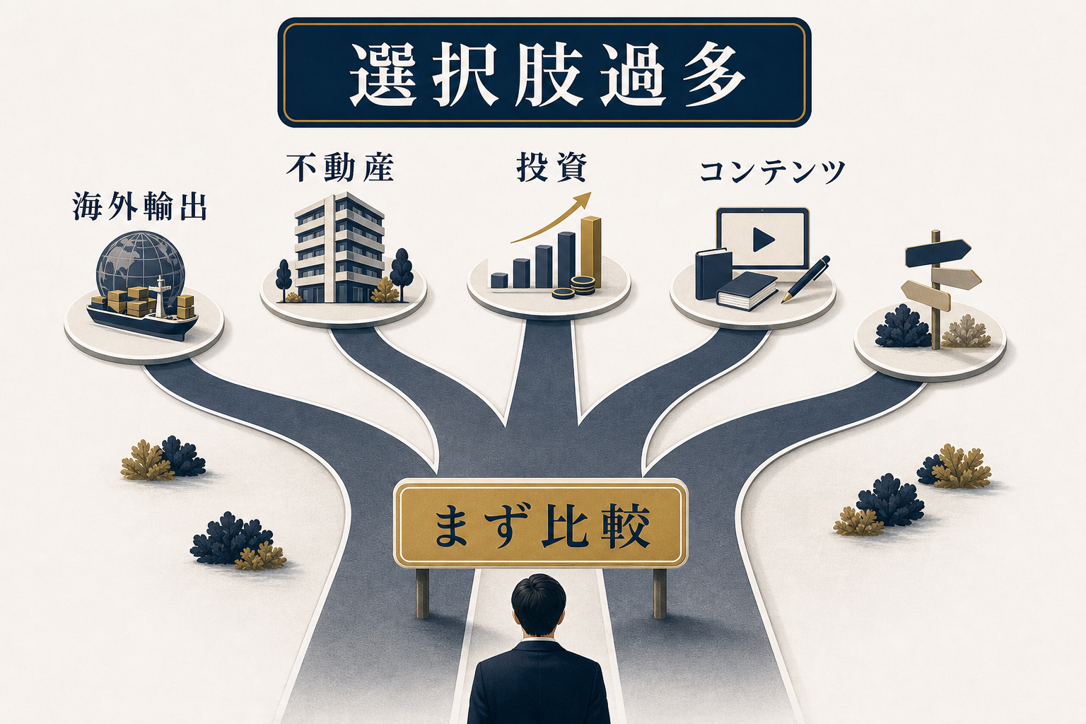 図解1: 「選択肢が多すぎて1つに絞れない」状態を、5本の分かれ道として描いた俯瞰イラスト