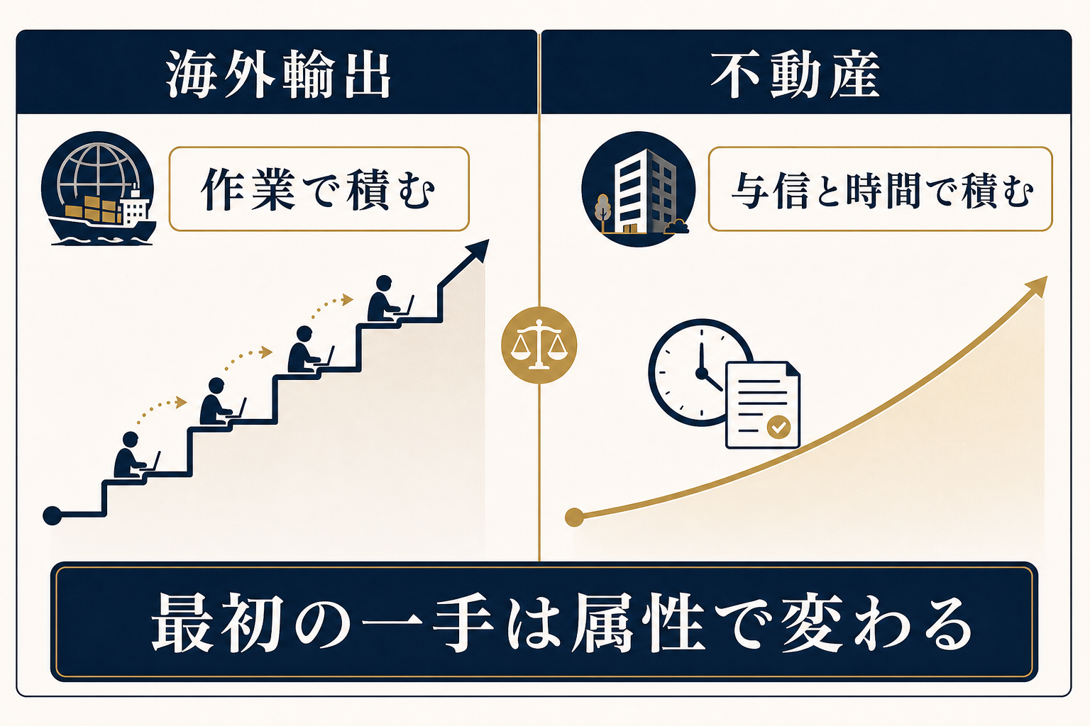 図解4: 「海外輸出=作業で積む」「不動産=与信と時間で積む」を2本の異なる傾きのグラフで対比した図解