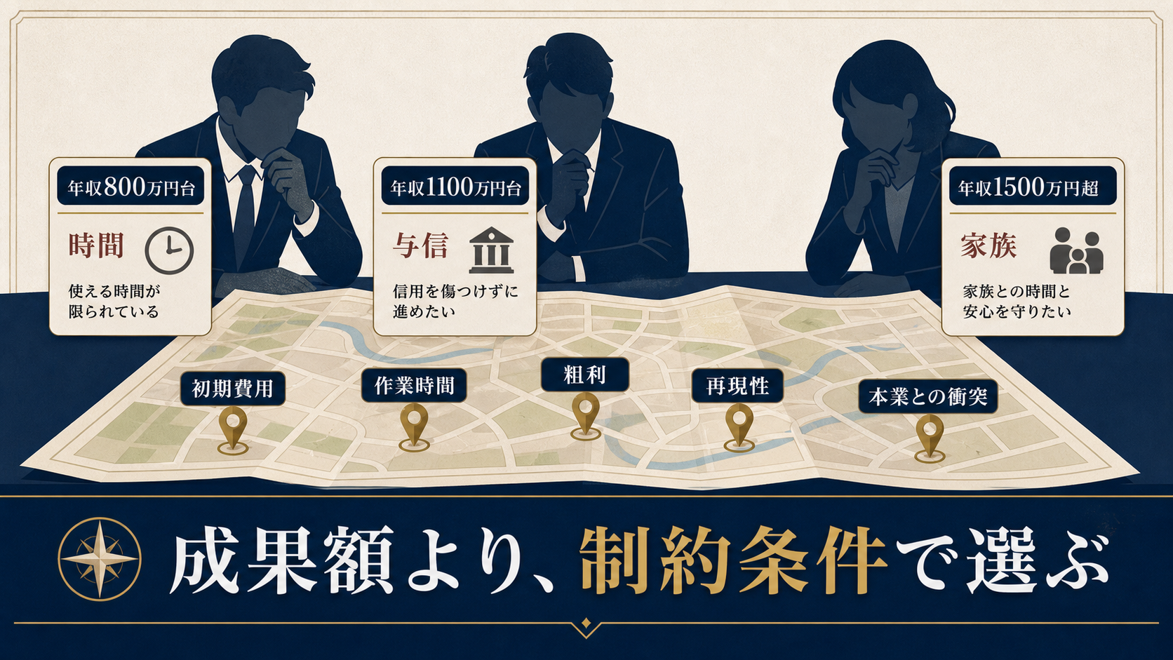 アイキャッチ: 年収帯の違う会社員3人が、それぞれの制約(時間・与信・家族)を前に副業の地図を広げて見比べているイメージ