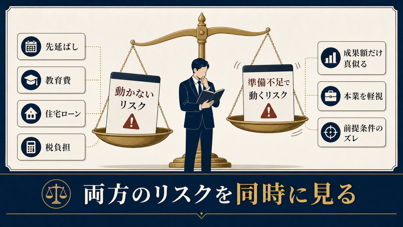 図解1: 「動かないリスク」と「準備不足で動くリスク」を天秤にかけている会社員のイメージ