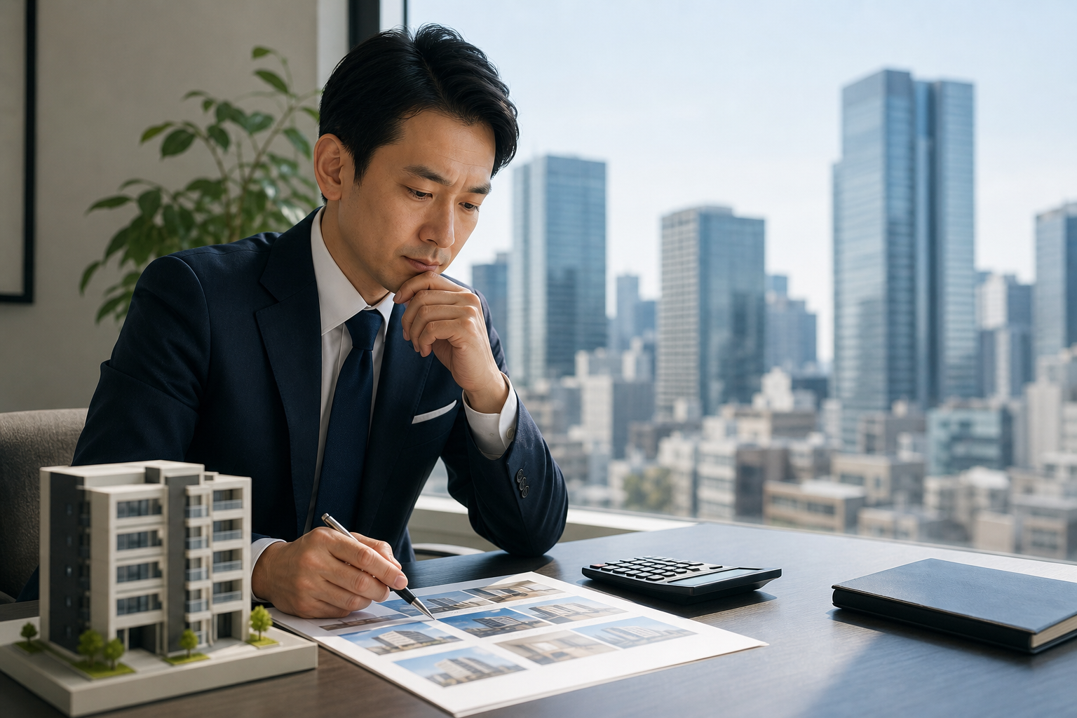 アイキャッチ: 都心のオフィス街を背景に、スーツ姿の会社員が物件資料と電卓を並べて検討している落ち着いたトーンのシーン