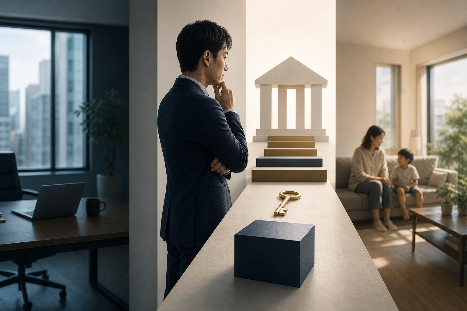 アイキャッチ: 年収1,000万円前後の会社員が机の上に「本業」「時間」「与信」「家族」の4枚のカードを並べ、副業の一手を選ぼうとしている俯瞰イラスト