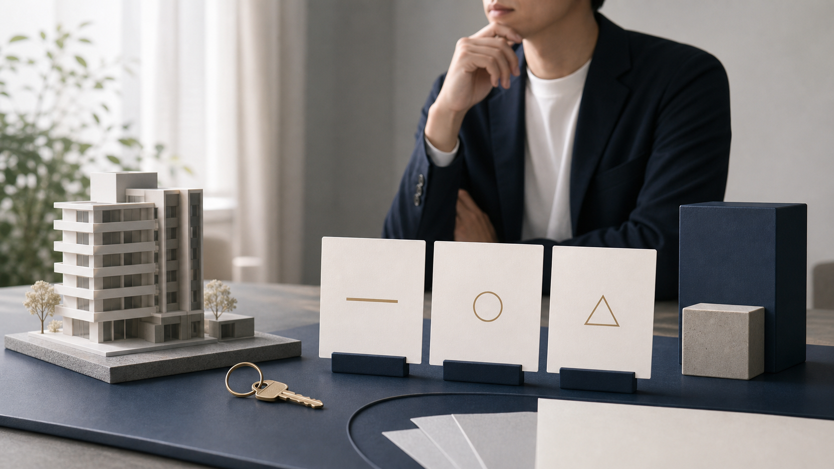 アイキャッチ: スーツ姿の会社員が、物件情報より先に「年収・与信・時間・家族の合意」と書かれた4枚のメモを机に広げて整理している俯瞰カット