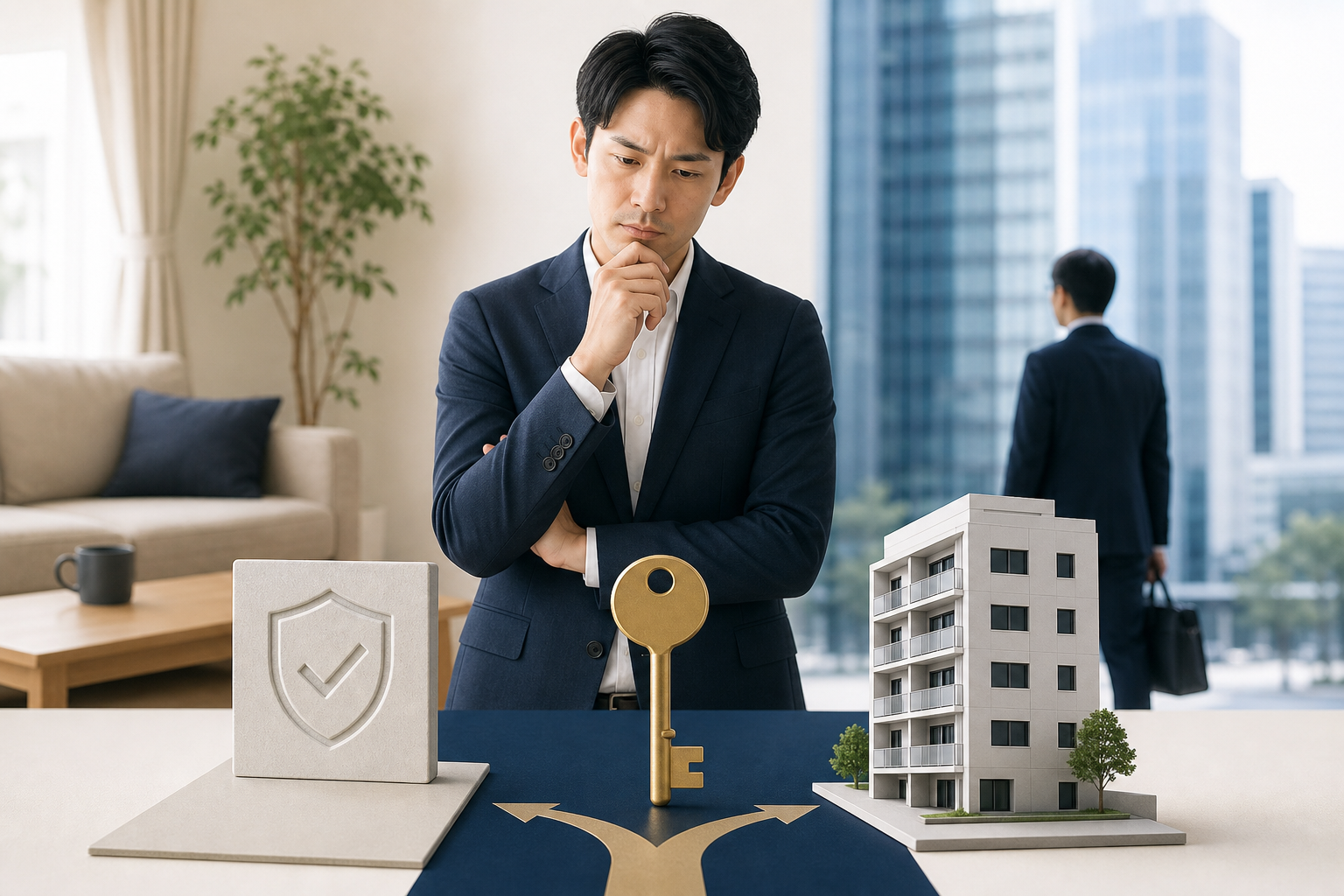 アイキャッチ: デスクに年収・与信・時間・家族という4枚のカードを並べ、会社員が優先順位を書き込んでいる俯瞰カット