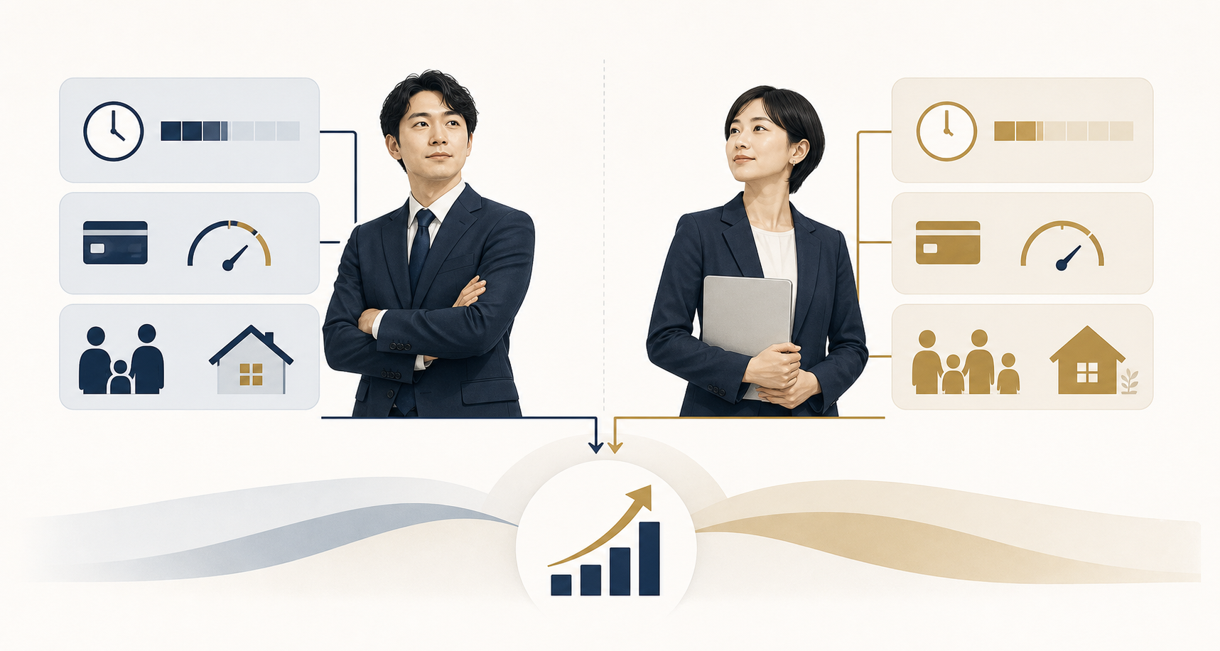 図解3: 2人の会社員が同じ「月20万円」という結果を出しているが、背後の制約条件（時間・与信・家族）がまったく違うことを対比した図