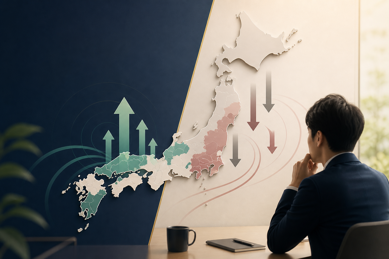 図解3: 日本地図上に人口流入エリアと供給過多エリアを色分けし、家賃の上昇圧力を矢印で示した図
