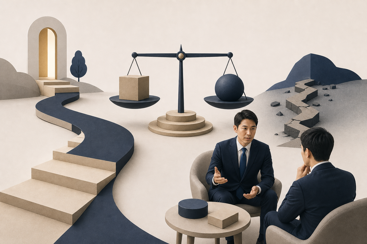 図解4: 天秤の片側に「動かない=時間損失」、もう片側に「急ぎすぎ=準備不足」の重りが乗り、バランスを取ろうとしているイメージ
