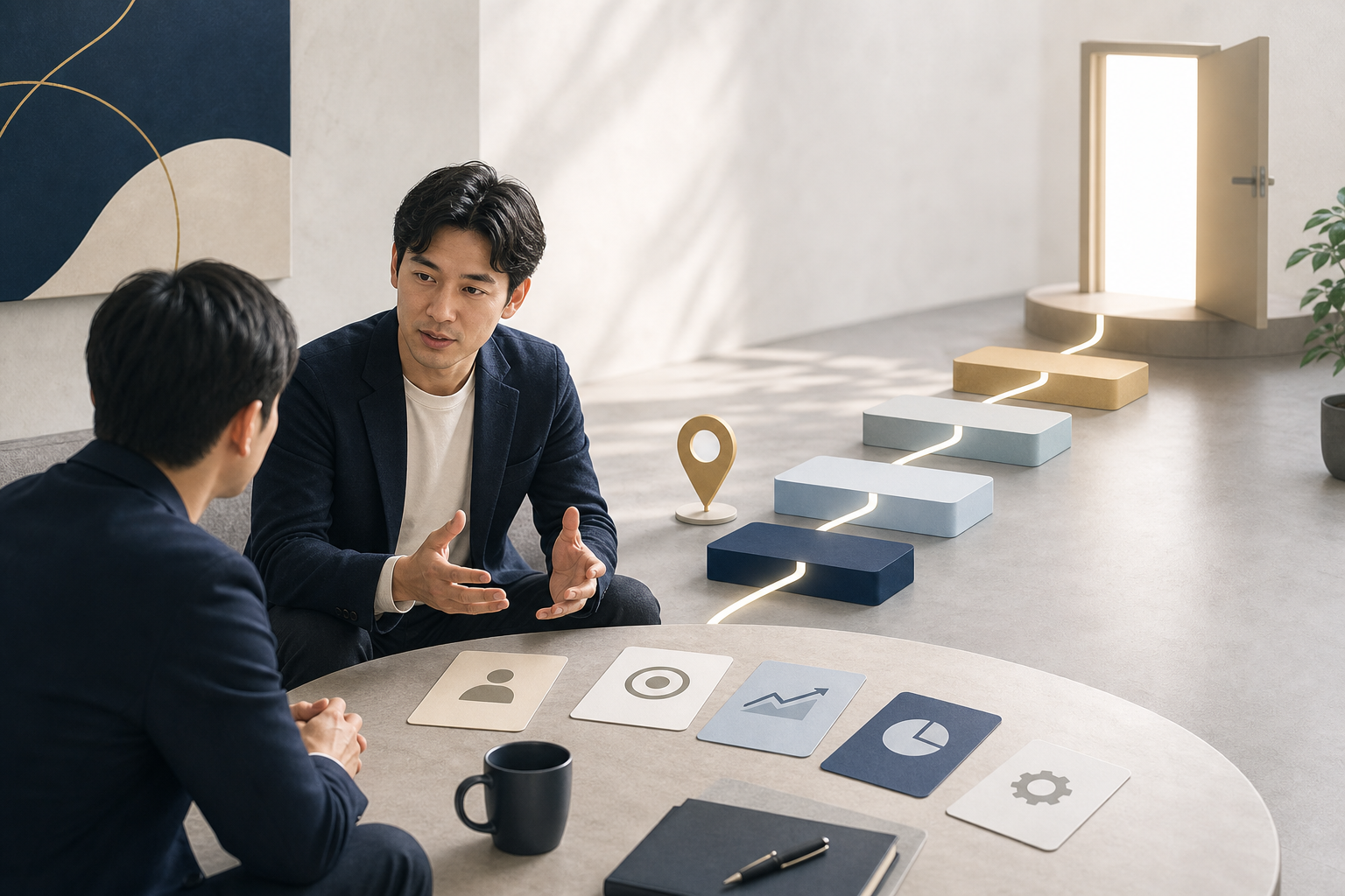 図解4: 5人のメンバー事例が「本業の与信型」「時間制約型」「継続仕組み型」の3クラスタに分類されるマッピング図
