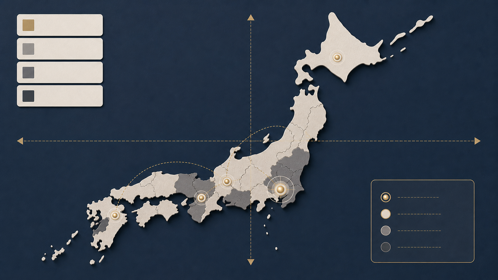 図解5: 日本地図上で、人口が維持される主要5大都市圏を明るく、人口減少エリアを暗く塗り分け、投資判断の視点を示すマップ