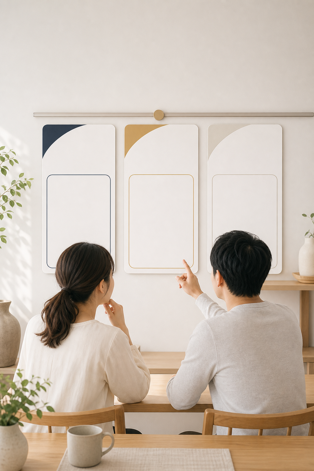 図解5: 夫婦がテーブルで「資金上限・時間の範囲・撤退ライン」の3項目を書き出して合意しているシーン