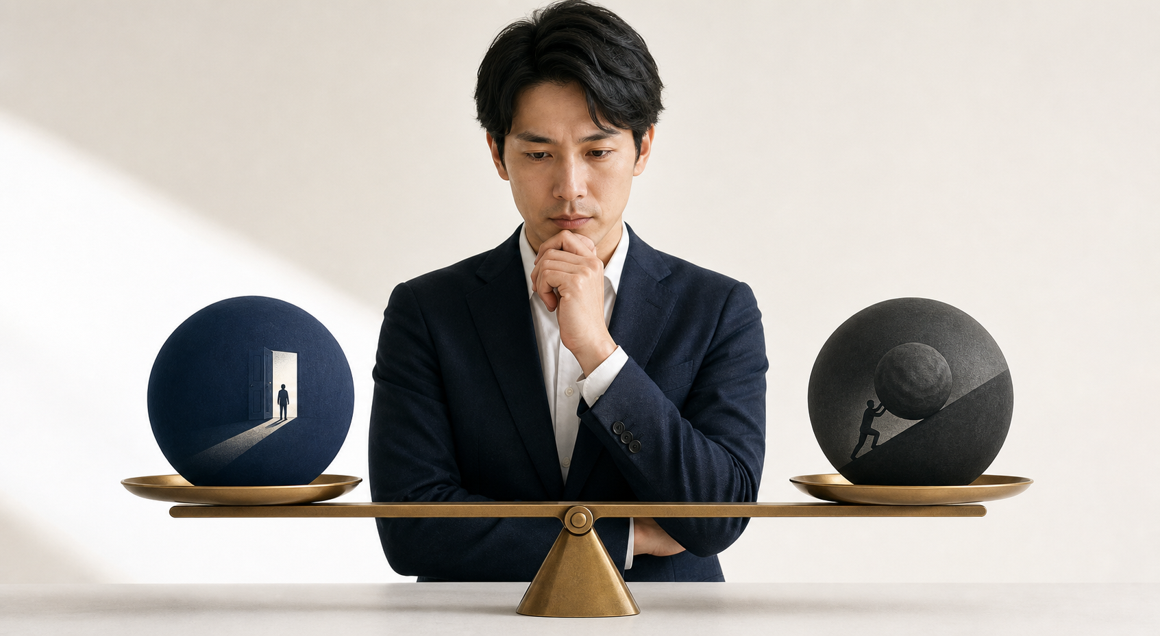 図解6: 天秤の片側に「動かないリスク（機会損失）」、もう片側に「準備不足で動くリスク（過大な賭け）」が乗り、中央でバランスを取る会社員のイラスト